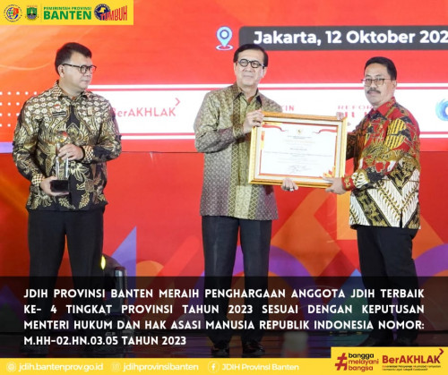 JDIH Provinsi Banten meraih Penghargaan Anggota Terbaik Ke-4 Tingkat Provinsi Tahun 2023